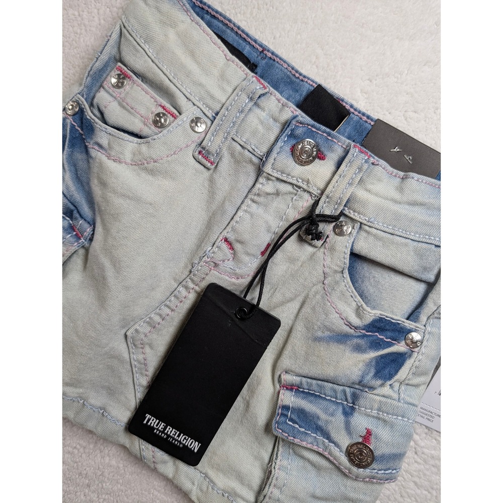 True Religion Sadie Mid Rise Cargo Skort Light Wash Pink Stitching Size 4 Kids
